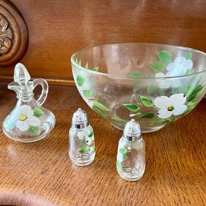 Vintage 1950s Hand Painted 5-Piece Glass Salad Set